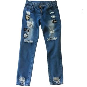 JEANS Highly distressed frayed with patches mens blue 5 pocket jeans sz …